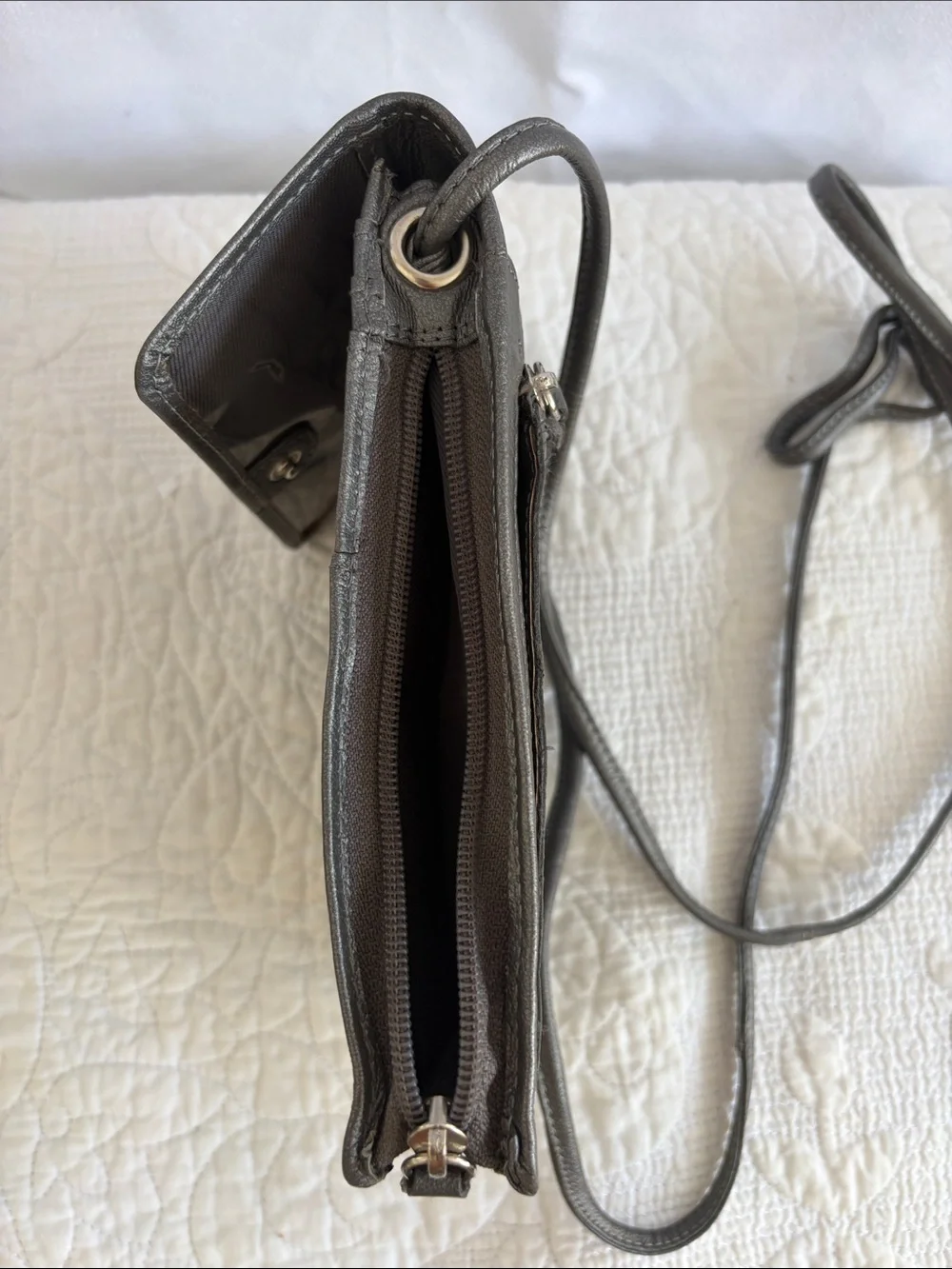 Sleek Gray Women's Crossbody Bag with Front and Side Zip Pockets